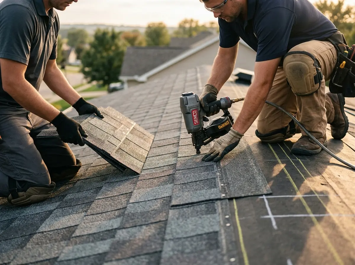Professional roofer working on a residential roof in Channelview